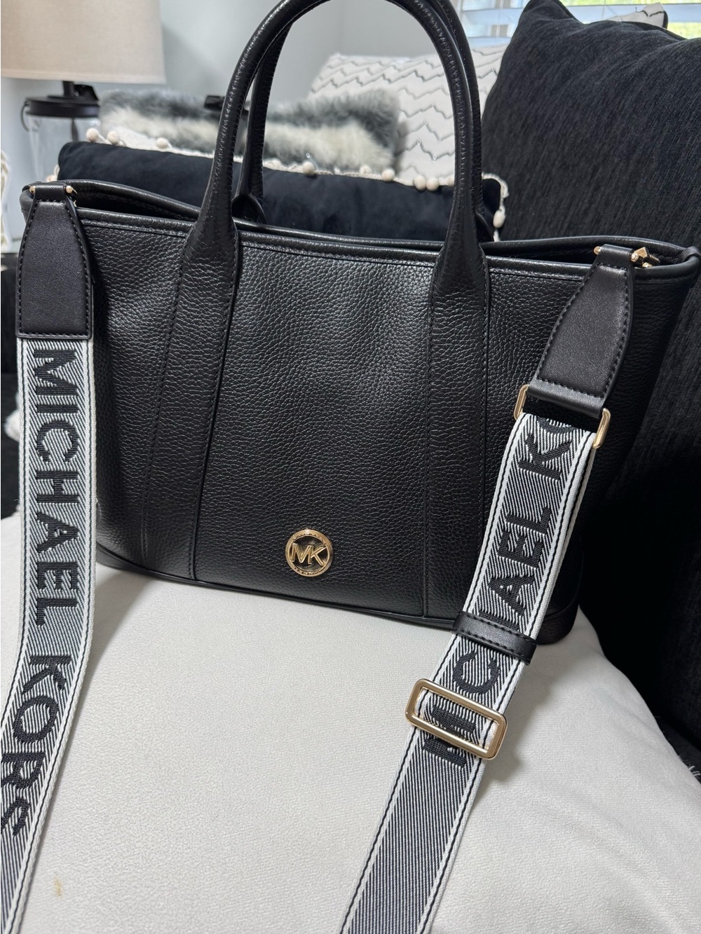 Michael Kors Black Pebbled Leather Satchel with Branded Strap